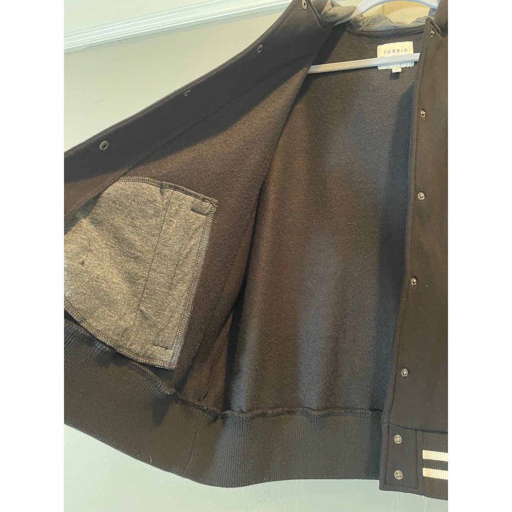 Torrid Womens Plus Size 2 Varsity Bomber Jacket Hooded Snap Front Black Grey - Picture 11 of 15